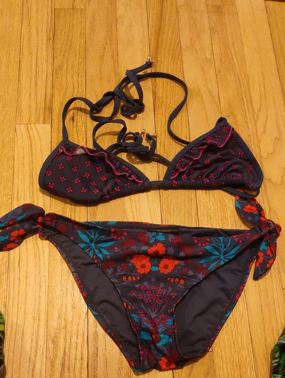 Marc By Marc Jacobs Navy Floral Tie-Side Bikini with Red & Teal Accents